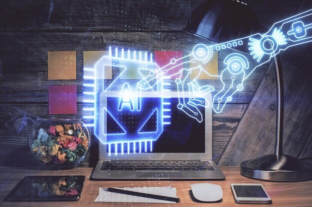 Exposición múltiple del escritorio con computadora en el fondo y dibujo temático tecnológico Concepto de big data