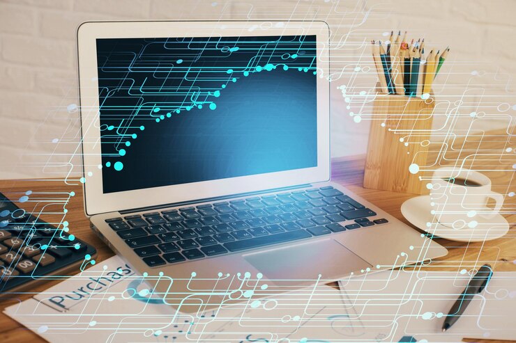 Foto exposición múltiple del escritorio con computadora en el fondo y dibujo temático tecnológico concepto de big data