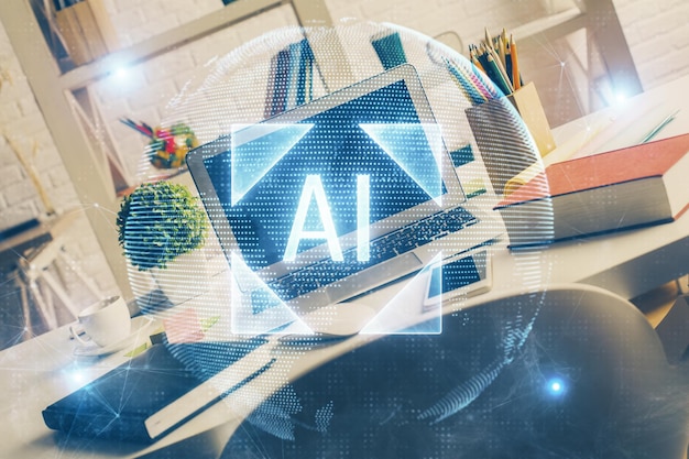 Exposición múltiple del escritorio con computadora personal y dibujo temático tecnológico Concepto de Bigdata