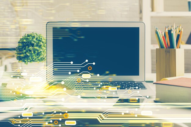 Exposición múltiple del escritorio con computadora personal y dibujo temático tecnológico Concepto de Bigdata