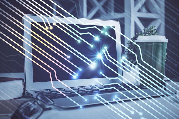 Foto exposición múltiple del escritorio con computadora personal y dibujo temático tecnológico concepto de bigdata