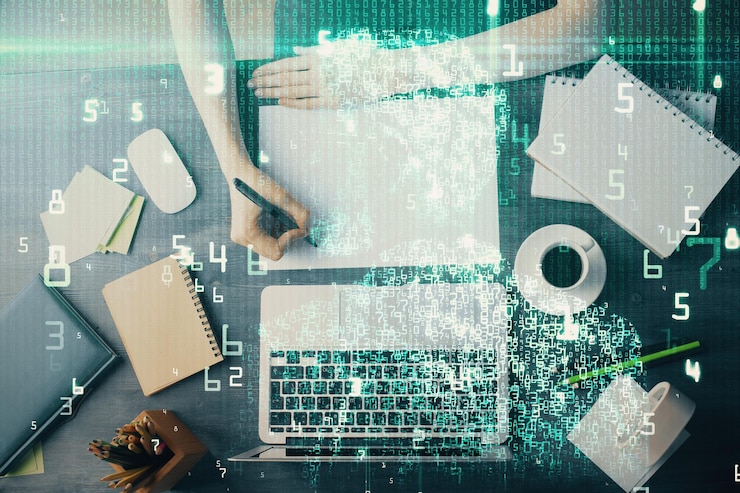 Foto exposición múltiple de escritura de manos en el fondo con holograma de solución de datos concepto de tecnología