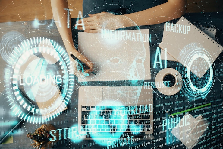 Foto exposición múltiple de escritura de manos en el fondo con holograma de solución de datos concepto de tecnología