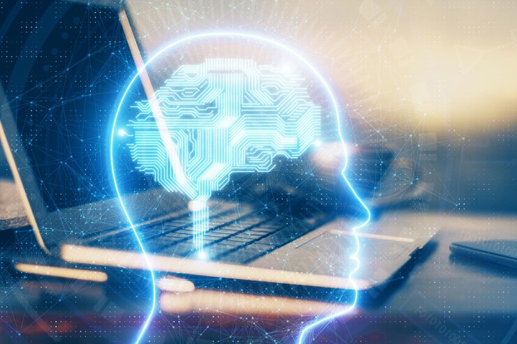 Foto exposición múltiple del espacio de trabajo con ordenador y holograma del cerebro humano concepto de tormenta de ideas