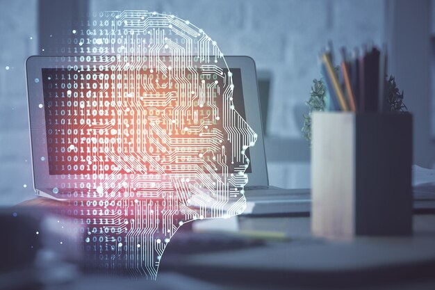 Exposición múltiple del espacio de trabajo con ordenador y holograma del cerebro humano Concepto de tormenta de ideas