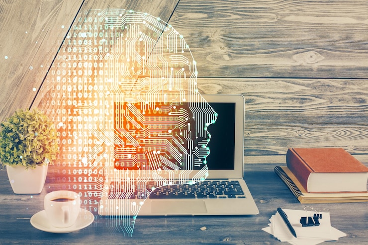 Foto exposición múltiple del espacio de trabajo con ordenador y holograma del cerebro humano concepto de tormenta de ideas