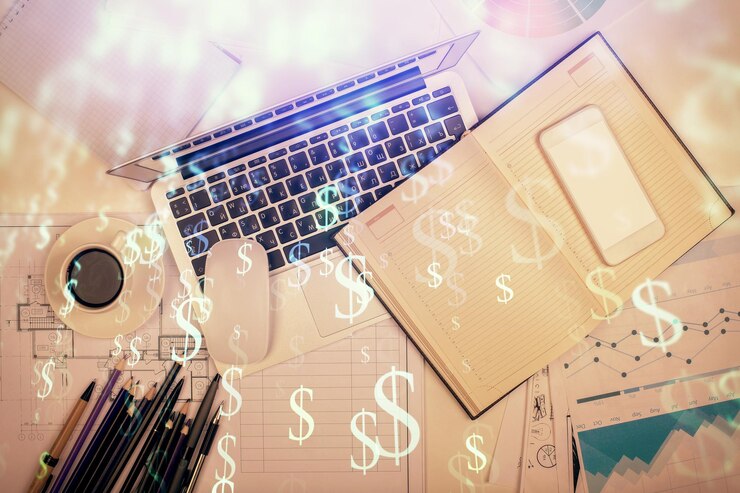 Foto exposición múltiple del gráfico de divisas dibujando sobre el fondo de la tabla con computadora concepto de investigación y análisis financieros vista superior