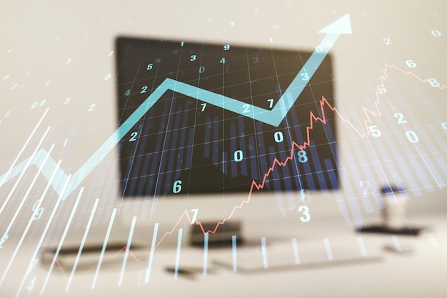 Exposición múltiple de gráfico financiero abstracto con flecha hacia arriba en el concepto financiero y comercial de fondo de computadora moderna