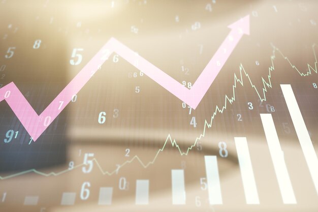 Exposición múltiple de gráfico financiero abstracto virtual y flecha hacia arriba en el concepto de inversión y forex de fondo de oficina corporativa vacía