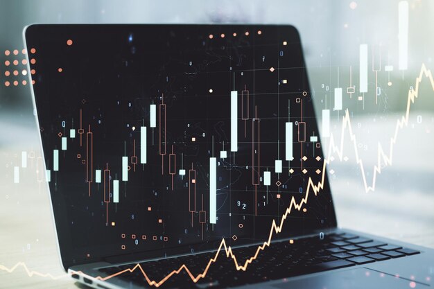 Exposición múltiple de un gráfico financiero creativo abstracto sobre el concepto de análisis e investigación de antecedentes informáticos