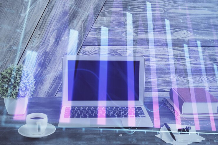 Foto exposición múltiple del gráfico forex y espacio de trabajo con computadora concepto de comercio internacional en línea