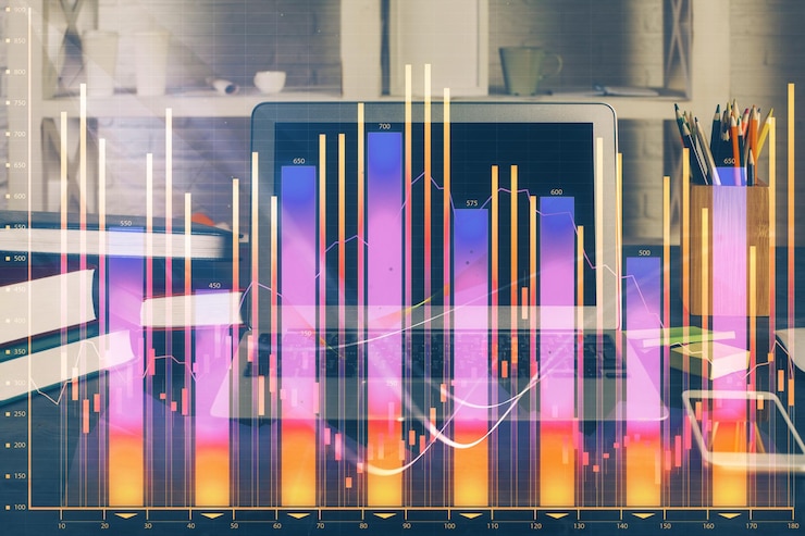 Foto exposición múltiple del gráfico forex y espacio de trabajo con computadora concepto de comercio internacional en línea