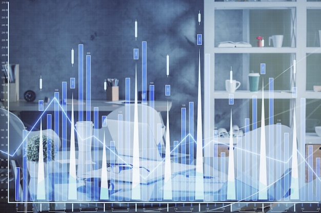 Exposición múltiple del gráfico del mercado de valores y el fondo interior de la oficina Concepto de análisis financiero