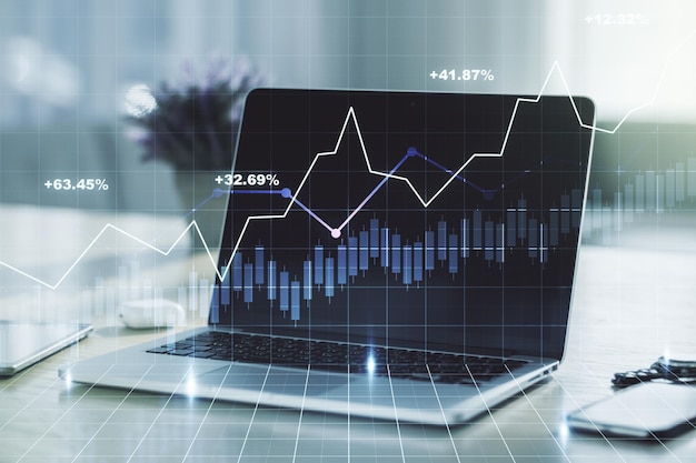 Exposición múltiple de gráficos financieros abstractos creativos en el concepto de investigación y análisis de fondo informático