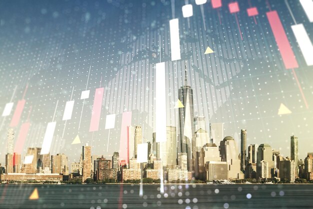 Exposición múltiple de gráficos financieros creativos virtuales y mapa mundial en el fondo del horizonte de la ciudad de Nueva York y el concepto de inversión