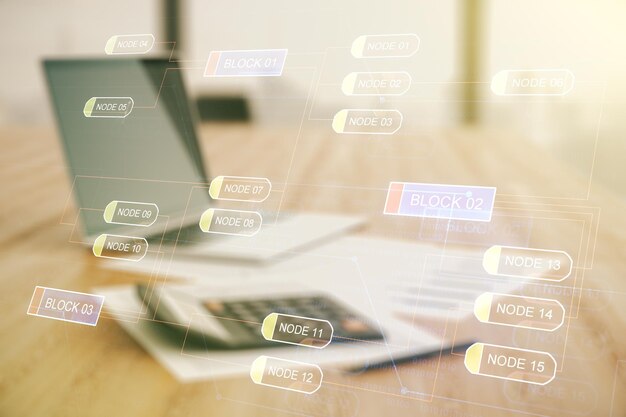 Exposición múltiple del holograma abstracto de desarrollo de software en una calculadora borrosa con concepto de investigación y análisis de antecedentes de portátiles