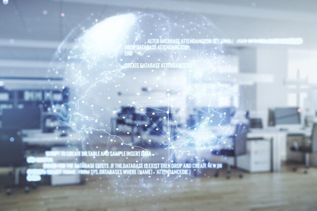 Exposición múltiple del holograma abstracto de desarrollo de software y mapa mundial en el concepto de investigación y análisis global de antecedentes de oficinas corporativas modernas