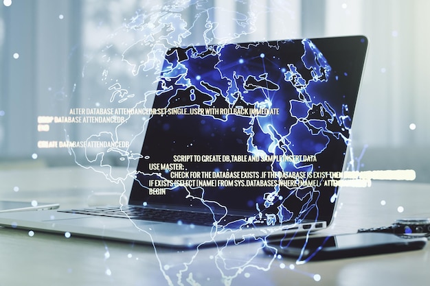 Exposición múltiple del holograma abstracto del lenguaje de programación con mapa mundial en el fondo de la computadora, inteligencia artificial y concepto de redes neuronales