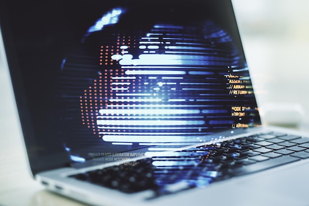 Exposición múltiple del holograma abstracto del lenguaje de programación con mapa mundial en el fondo de la computadora, inteligencia artificial y concepto de redes neuronales