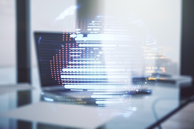 Exposición múltiple del holograma abstracto del lenguaje de programación con mapa mundial en el fondo de la computadora, inteligencia artificial y concepto de redes neuronales