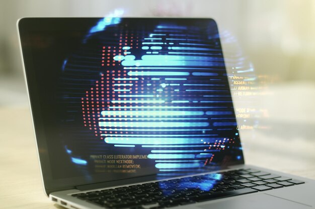 Exposición múltiple del holograma abstracto del lenguaje de programación con mapa mundial en el fondo de la computadora, inteligencia artificial y concepto de redes neuronales