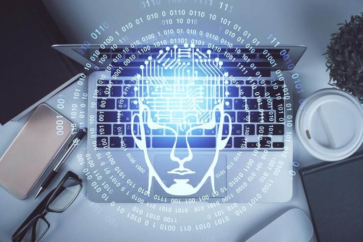 Foto exposición múltiple del holograma de boceto cerebral sobre el fondo de la mesa de trabajo de vista superior con computadora concepto de big data