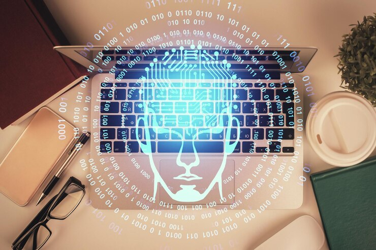 Foto exposición múltiple del holograma del boceto cerebral sobre el fondo de la mesa de trabajo de vista superior con computadora concepto de big data