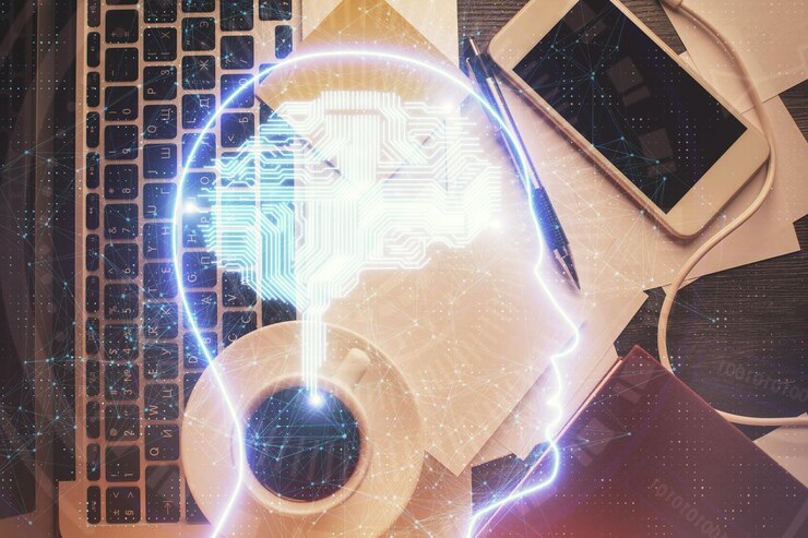 Foto exposición múltiple del holograma de boceto cerebral sobre el fondo de la mesa de trabajo de vista superior con computadora concepto de big data
