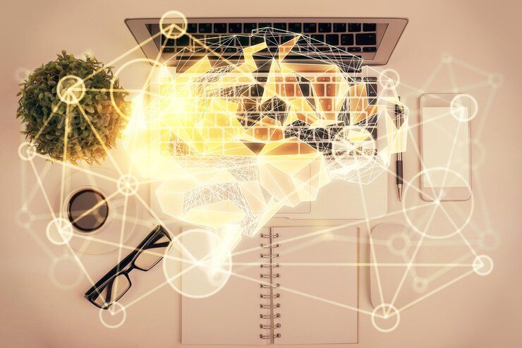 Foto exposición múltiple del holograma de boceto cerebral sobre el fondo de la mesa de trabajo de vista superior con computadora concepto de big data