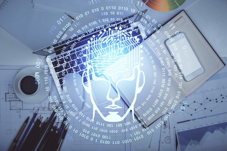 Foto exposición múltiple del holograma de boceto cerebral sobre el fondo de la mesa de trabajo de vista superior con computadora concepto de grandes datos