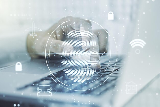 Exposición múltiple del holograma creativo de huellas dactilares con manos escribiendo en el teclado de la computadora en el fondo concepto de datos biométricos personales