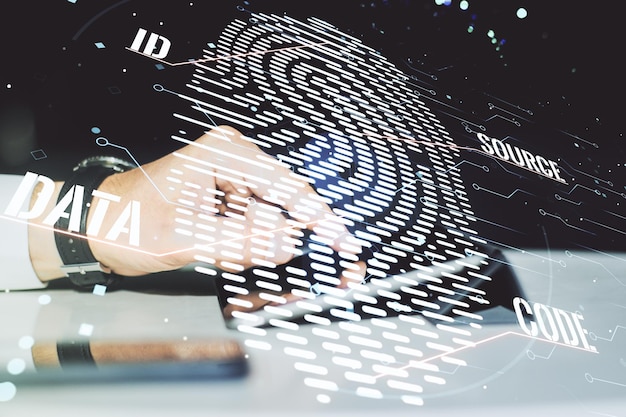 Exposición múltiple del holograma creativo de huellas dactilares con prensas digitales en una tableta digital sobre el concepto de datos biométricos personales de fondo