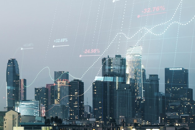 Exposición múltiple del holograma de datos de estadísticas creativas en el concepto de análisis y estadísticas de fondo de los rascacielos de Los Ángeles