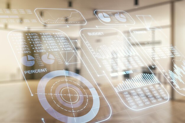 Exposición múltiple del holograma de datos estadísticos creativos en el concepto de análisis y estadísticas de fondo de oficinas corporativas modernas