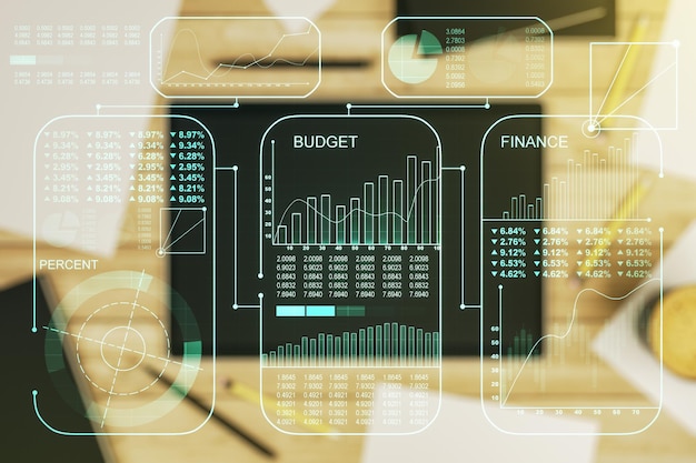 Exposición múltiple de holograma de datos estadísticos creativos y tableta digital en el concepto de análisis y estadísticas de vista superior de fondo