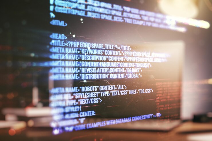 Foto exposición múltiple del holograma de desarrollo de software abstracto en el concepto de investigación y análisis de fondo de la computadora portátil