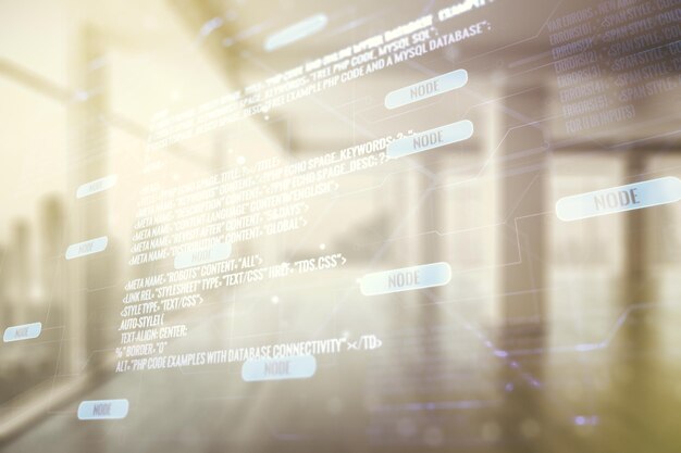 Exposición múltiple del holograma de desarrollo de software abstracto en el concepto de investigación y análisis de fondo de oficina moderno vacío