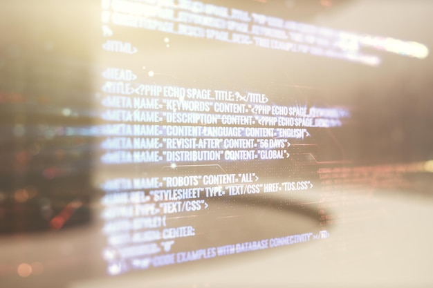 Exposición múltiple del holograma de desarrollo de software abstracto en el concepto de investigación y análisis de fondo de oficina moderno vacío