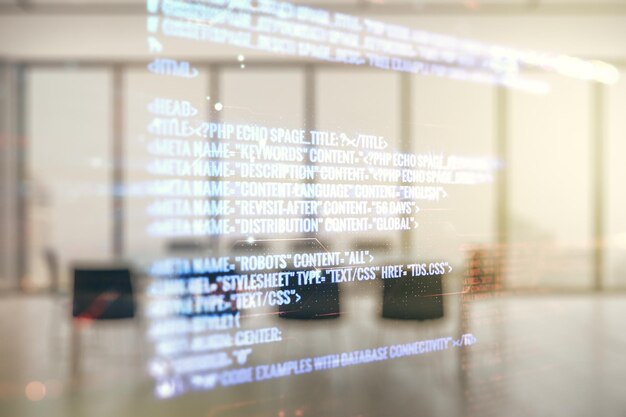 Exposición múltiple de un holograma de desarrollo de software abstracto en un concepto de investigación y análisis de fondo de una sala de reuniones moderna