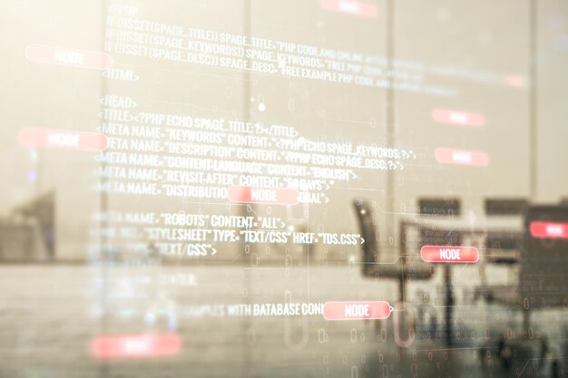 Exposición múltiple de un holograma de desarrollo de software abstracto en un concepto de investigación y análisis de fondo de una sala de reuniones moderna