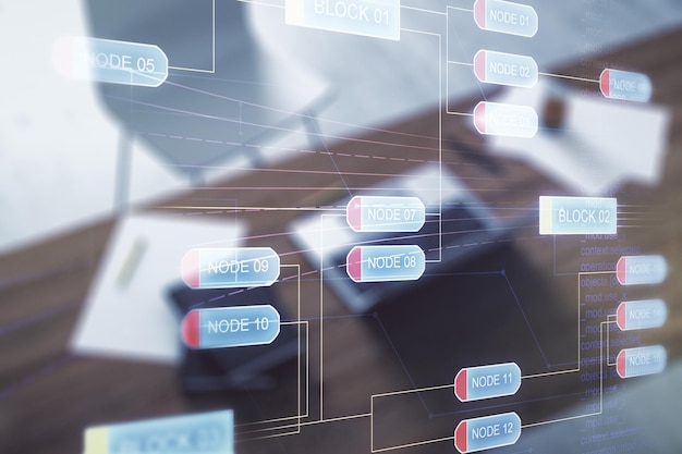 Exposición múltiple de holograma de desarrollo de software abstracto y escritorio moderno con computadora portátil en concepto de investigación y análisis de antecedentes