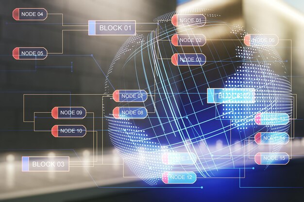 Exposición múltiple de holograma de desarrollo de software abstracto y mapa del mundo en el fondo exterior del centro de negocios moderno concepto de investigación y análisis global
