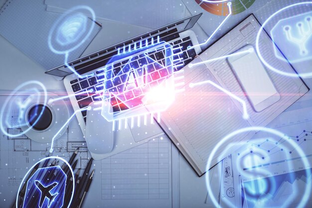 Exposición múltiple del holograma de dibujo de datos sobre la vista superior del fondo del escritorio de estudio con computadora Concepto de tecnología