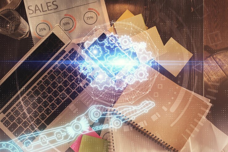 Foto exposición múltiple del holograma de dibujo del tema de datos sobre el fondo del escritorio de trabajo de vista superior con concepto de tecnología de computadora