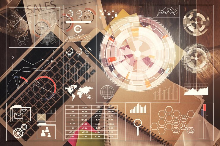 Foto exposición múltiple del holograma de dibujo del tema de datos sobre el fondo del escritorio de trabajo de vista superior con concepto de tecnología de computadora