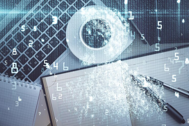Foto exposición múltiple del holograma de dibujo del tema de datos sobre el fondo del escritorio de trabajo de vista superior con concepto de tecnología de computadora
