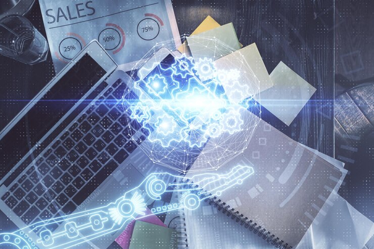 Foto exposición múltiple del holograma de dibujo del tema de datos sobre el fondo del escritorio de trabajo de vista superior con concepto de tecnología de computadora