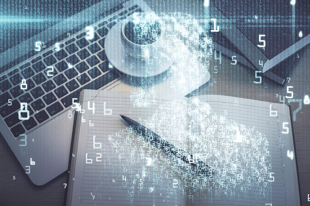 Exposición múltiple del holograma de dibujo del tema de datos sobre el fondo del escritorio de trabajo de vista superior con concepto de tecnología de computadora