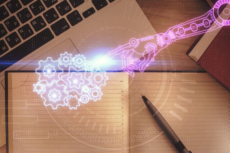 Foto exposición múltiple del holograma de dibujo del tema de datos sobre el fondo del escritorio de trabajo de vista superior con concepto de tecnología de computadora