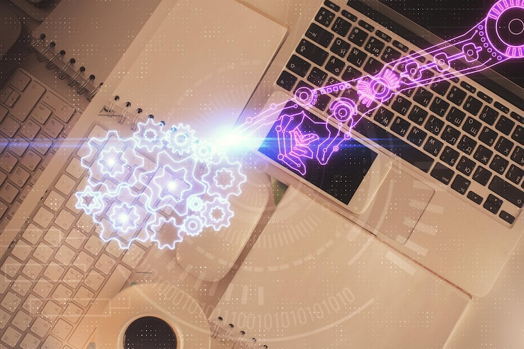 Foto exposición múltiple del holograma de dibujo del tema de datos sobre el fondo del escritorio de trabajo de vista superior con concepto de tecnología de computadora